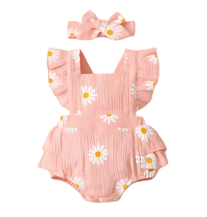 Baby Girl Daisy Ruffle Romper with Matching Headband Set - Nagatta