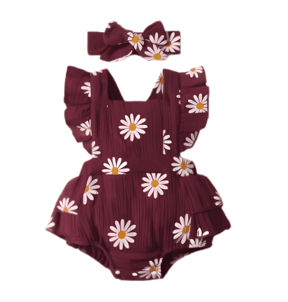 Baby Girl Daisy Ruffle Romper with Matching Headband Set - Nagatta