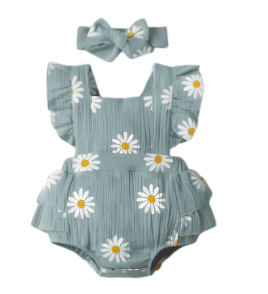 Baby Girl Daisy Ruffle Romper with Matching Headband Set - Nagatta