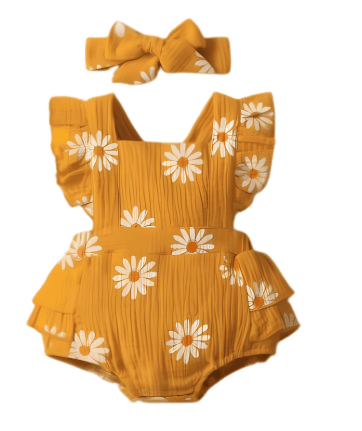 Baby Girl Daisy Ruffle Romper with Matching Headband Set - Nagatta